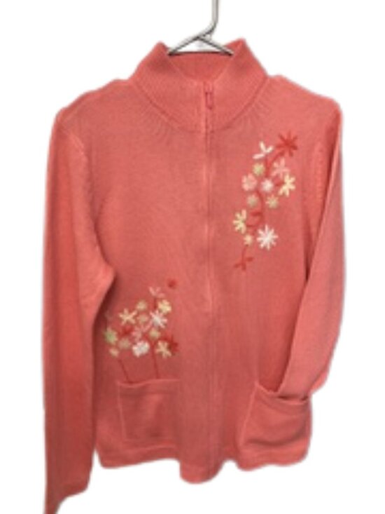 Coral Pink Embroidered Knit Cardigan Jacket, Medium, Penman's,Grandmacore - Picture 7 of 7